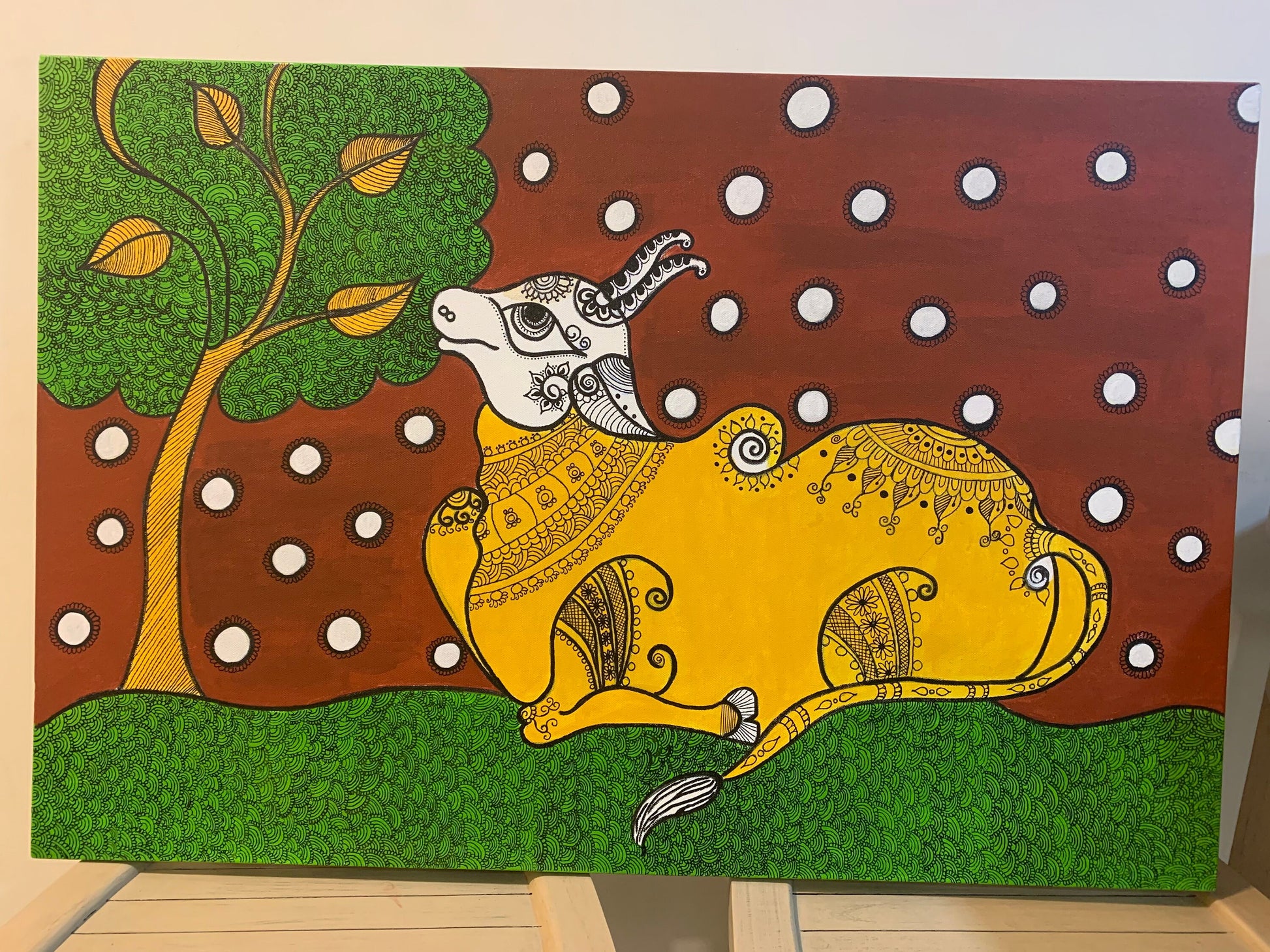 Madhubani art - Happy Nandi on canvas