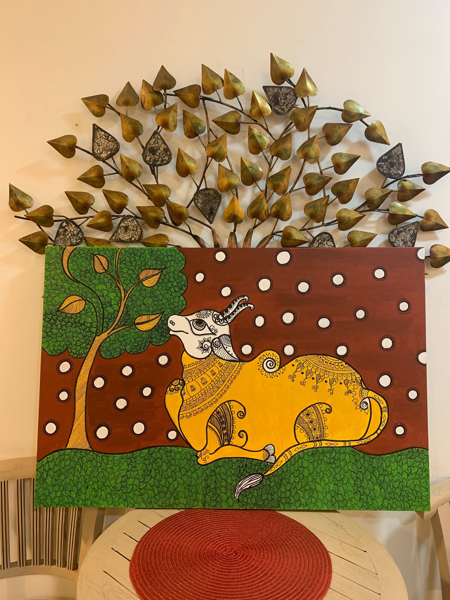 Madhubani art - Happy Nandi on canvas