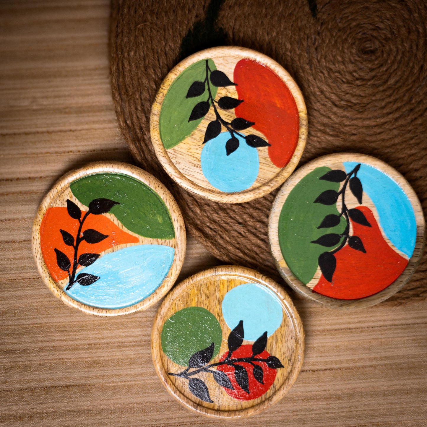 Nature love Handpainted wooden coaster set of 4