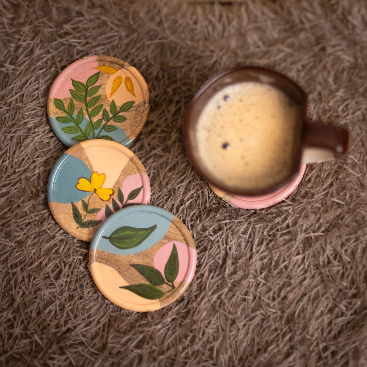 Pinkbloom Handpainted wooden coaster set of 4