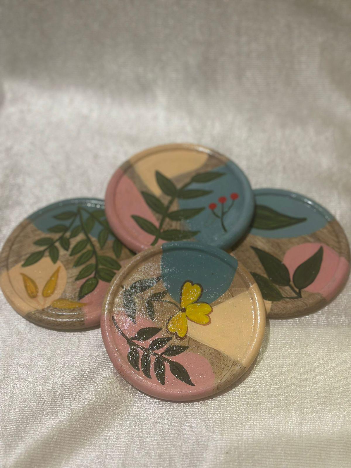Pinkbloom Handpainted wooden coaster set of 4